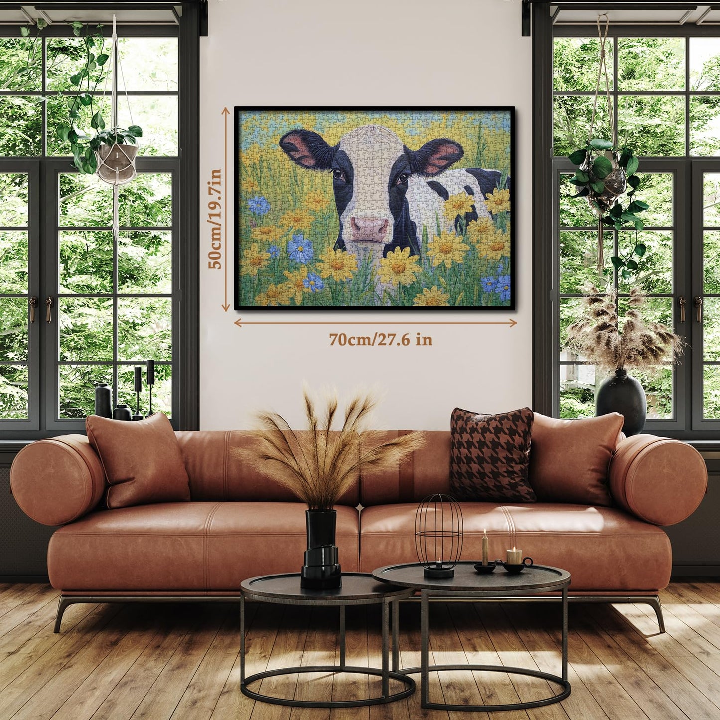 Larkipuzz Sunflower Cow Painting Jigsaw Puzzle 1000 Piece for Adult, Animal Flower Plant Nature Jigsaw Puzzles, Funny Art Beautiful Landscape Puzzle