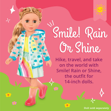 Glitter Girls - 14-Inch Doll Clothes - Smile! Rain Or Shine Outfit - Rainbow Dress, Hair Clips, Raincoat, and Rain Boots - Toys, and Accessories
