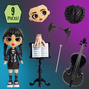 WEDNESDAY Deluxe 6-inch Articulated Figure, 11-Pieces, Interchangeable Face Plates and Fashion, Customizable Collectible Figurine, Kids Toys for Ages