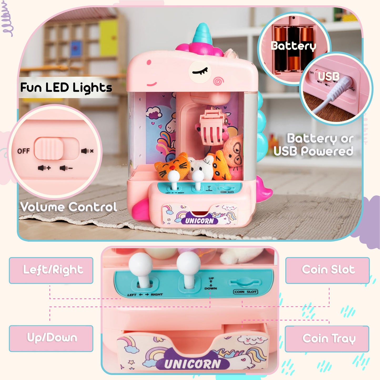 Claw Machine for Kids with 10 Plush Toys, 10 Surprise Eggs & 50 Stickers - Mini Arcade Claw Game with Silent Mode, LED Lights, USB or Battery Powered