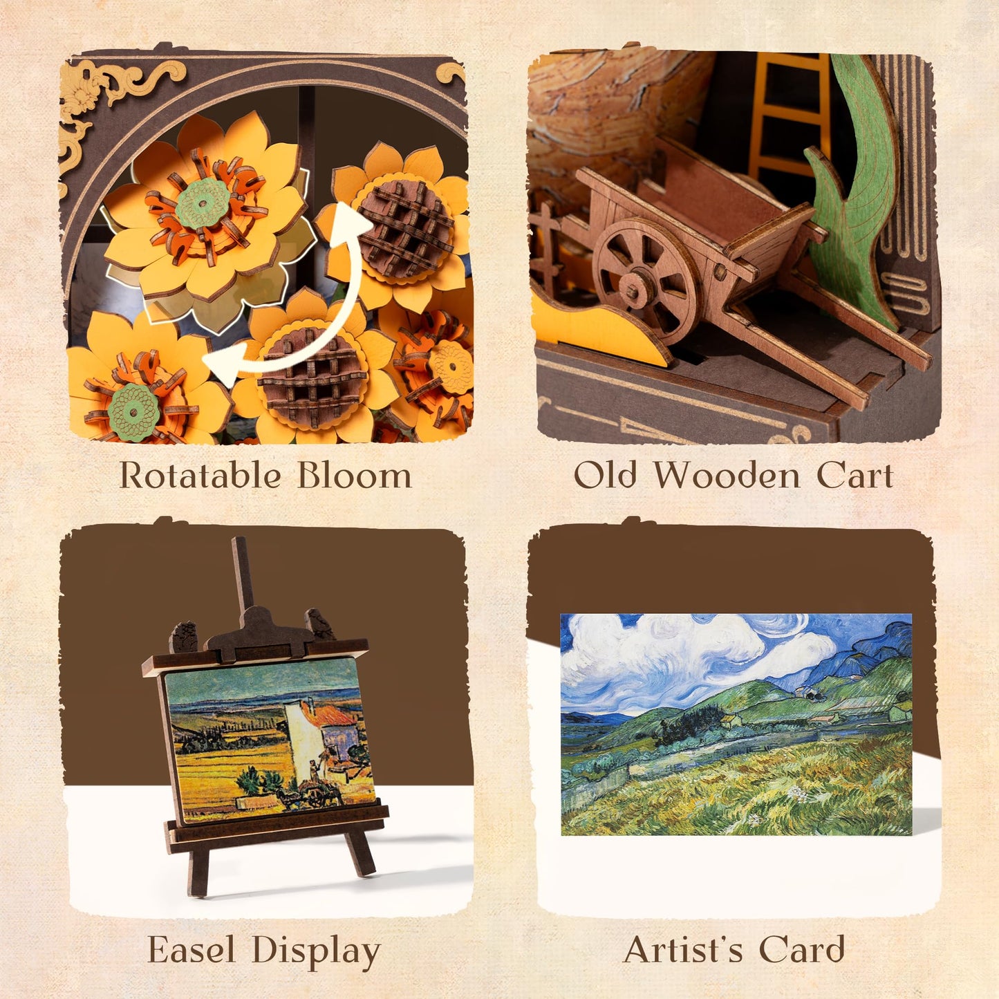 ROBOTIME Wooden Flower Golden Sunflower Building Sets for Adult with Lights TH002, Van Gogh Wall Art Crafts, Painting Frame Room Decor, Valentine's