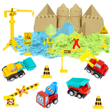 GarveeLife Kids Sand Kit, 43PCS Set w/Tools, 6 Construction Trucks & Castle Molds, Foldable Sand Box Storage Bin Tote, Toys for Boys Girls