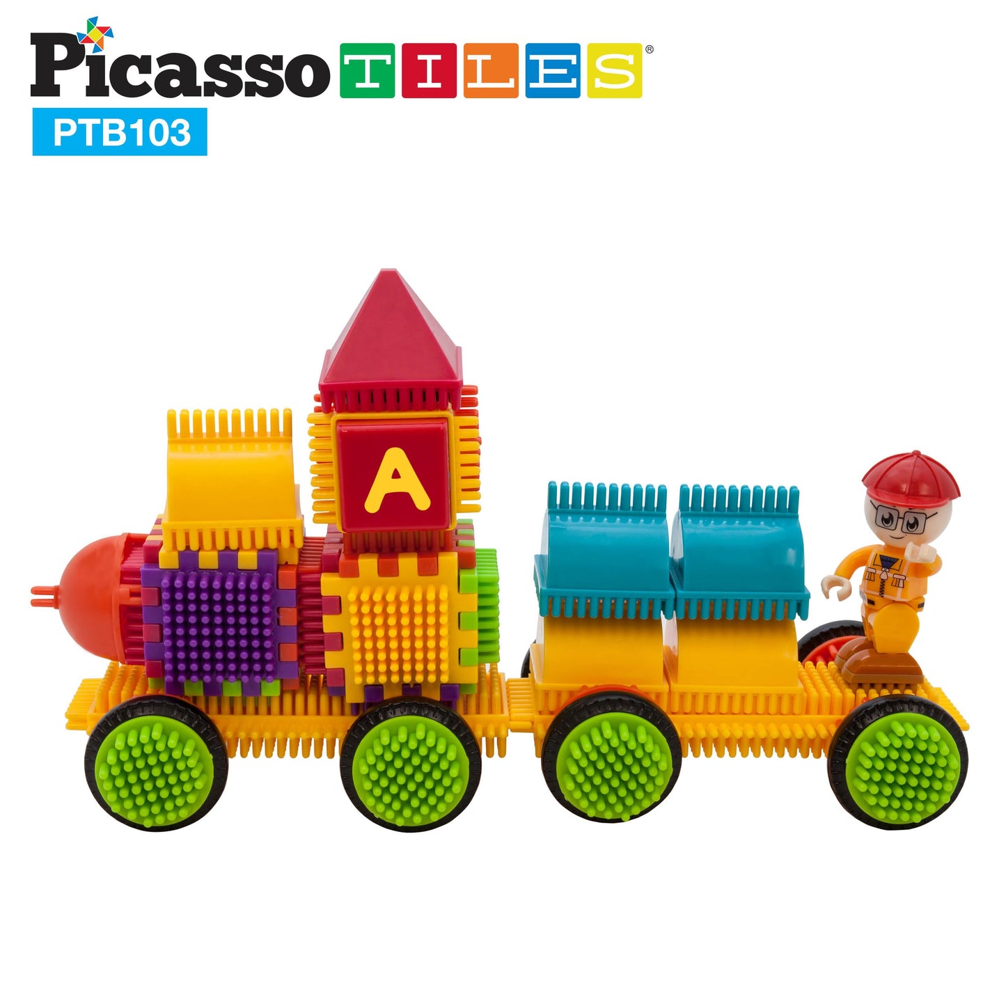 Picasso Toys PTB103 Alphabet & Numerical Train 103pc Hedgehog Block Shape Blocks Building Tiles Set Construction Learning Toy Stacking Educational