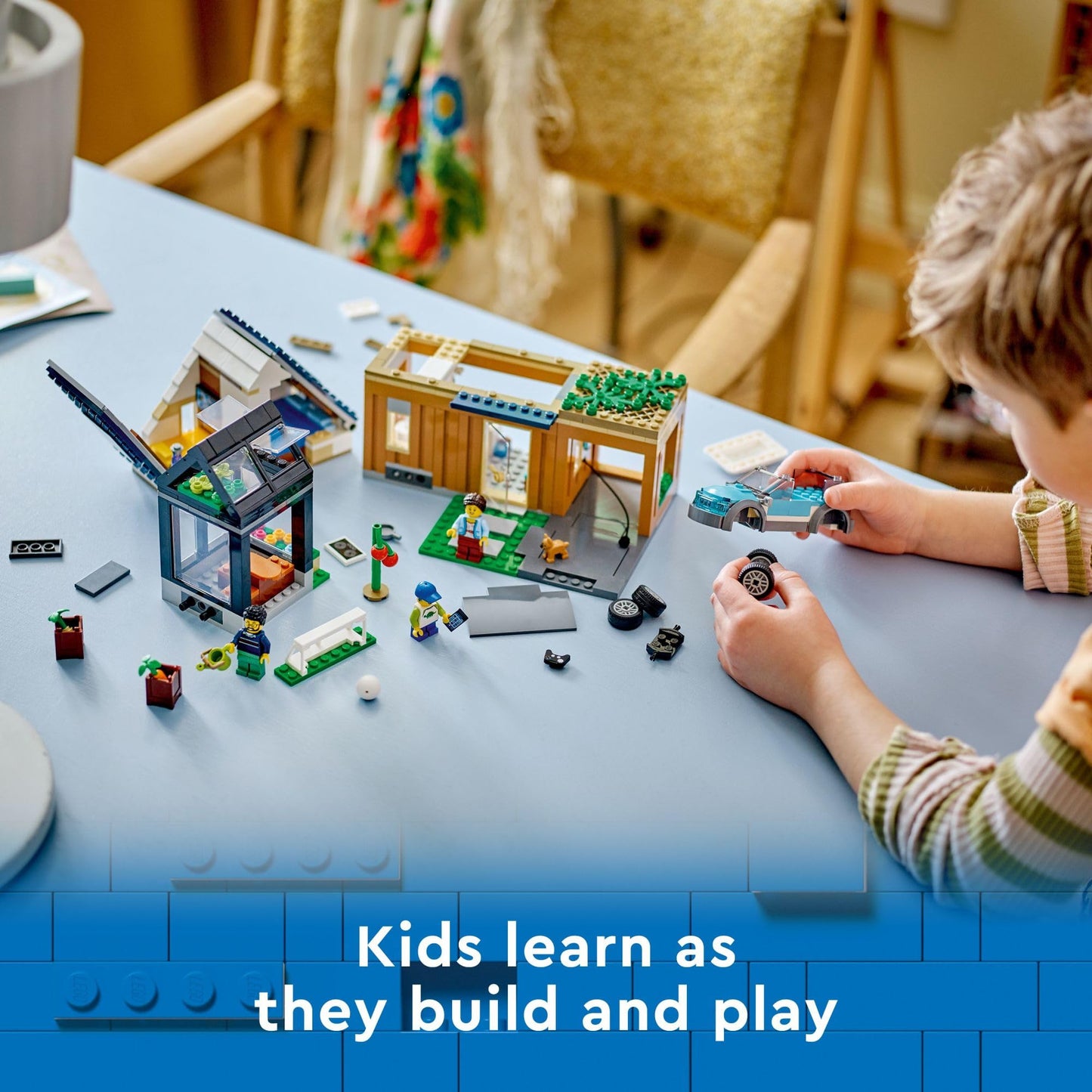 LEGO My City Family House and Electric Car 60398 Building Toy Set, Includes a Kitchen, 2 Bedrooms, Greenhouse, Solar Panels Plus 3 Minifigures and a