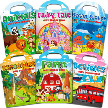 LYNKTOTS 6 Sets Reusable Sticker Books for Toddlers 3+ Years, Jelly Sticker Book for Kids, Travel Stickers Activity Book Travel Toys for Toddlers