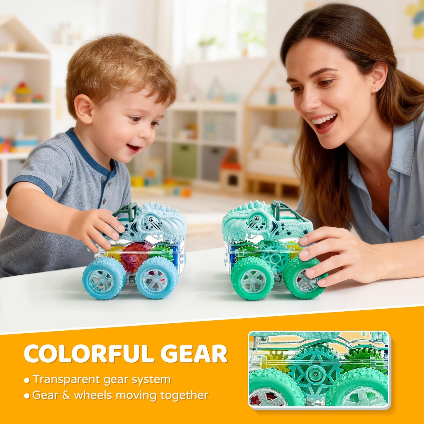 Beestech Light Up Dinosaur Toys for Toddlers 2-4, Monster Truck Toys for Kids 3-5, Push and Go Dinosaur Cars Toys for 2 3 4 5 6 Years Old Boys