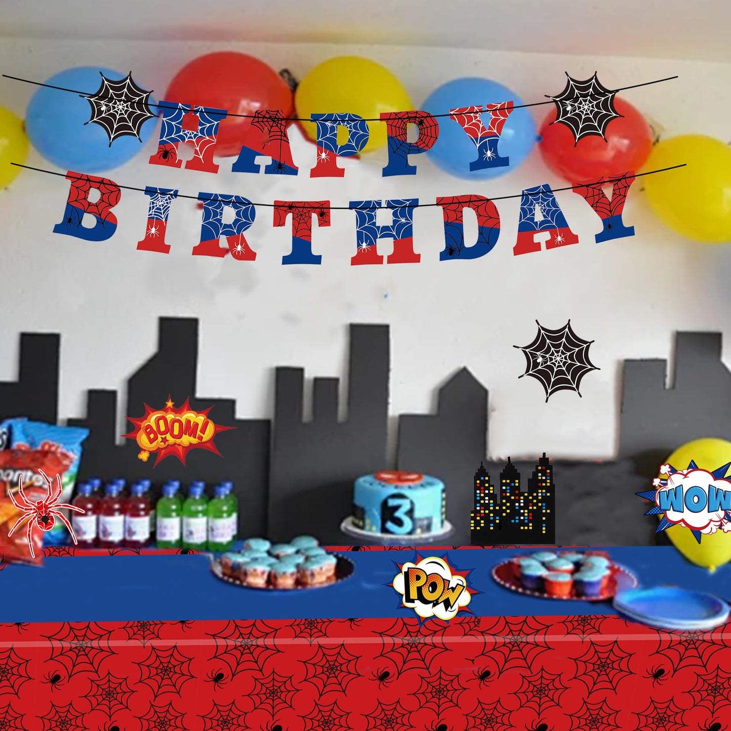 Spider Party Decorations Spider Web Themed Tablecloth Happy Birthday Banner Hanging Swirls for Baby Shower Spiders Birthday Party Supplies (Spider