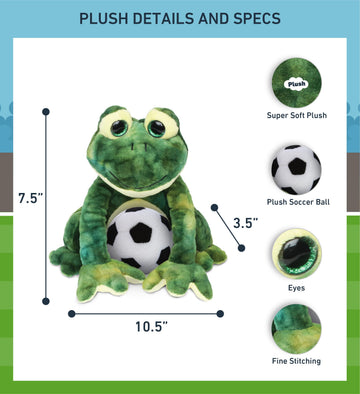 DolliBu Squat Frog Stuffed Animal with Soccer Ball Plush - Soft Huggable Frog, Adorable Playtime Squat Frog Plush Toy, Cute Farm Life Sports Gift