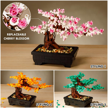 Cherry Blossom Tree Building Sets,Le-go Bonsai Tree Sets for Adults,3 in 1 Botanical Collection DIY Plant,Gift for Home Decor and Office Art
