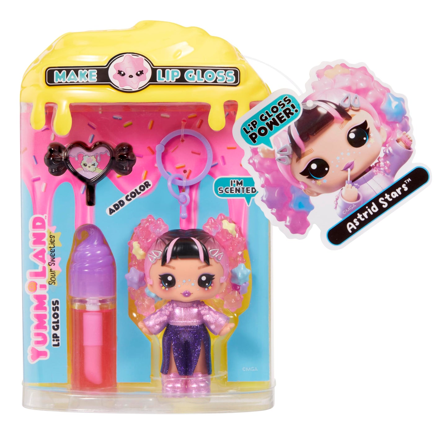 Yummiland Lip Gloss Doll: Sour Sweeties - Astrid Stars Includes DIY Lip Gloss + Removable Keychain, Cosmetic Play, Collectible, Ages 4+