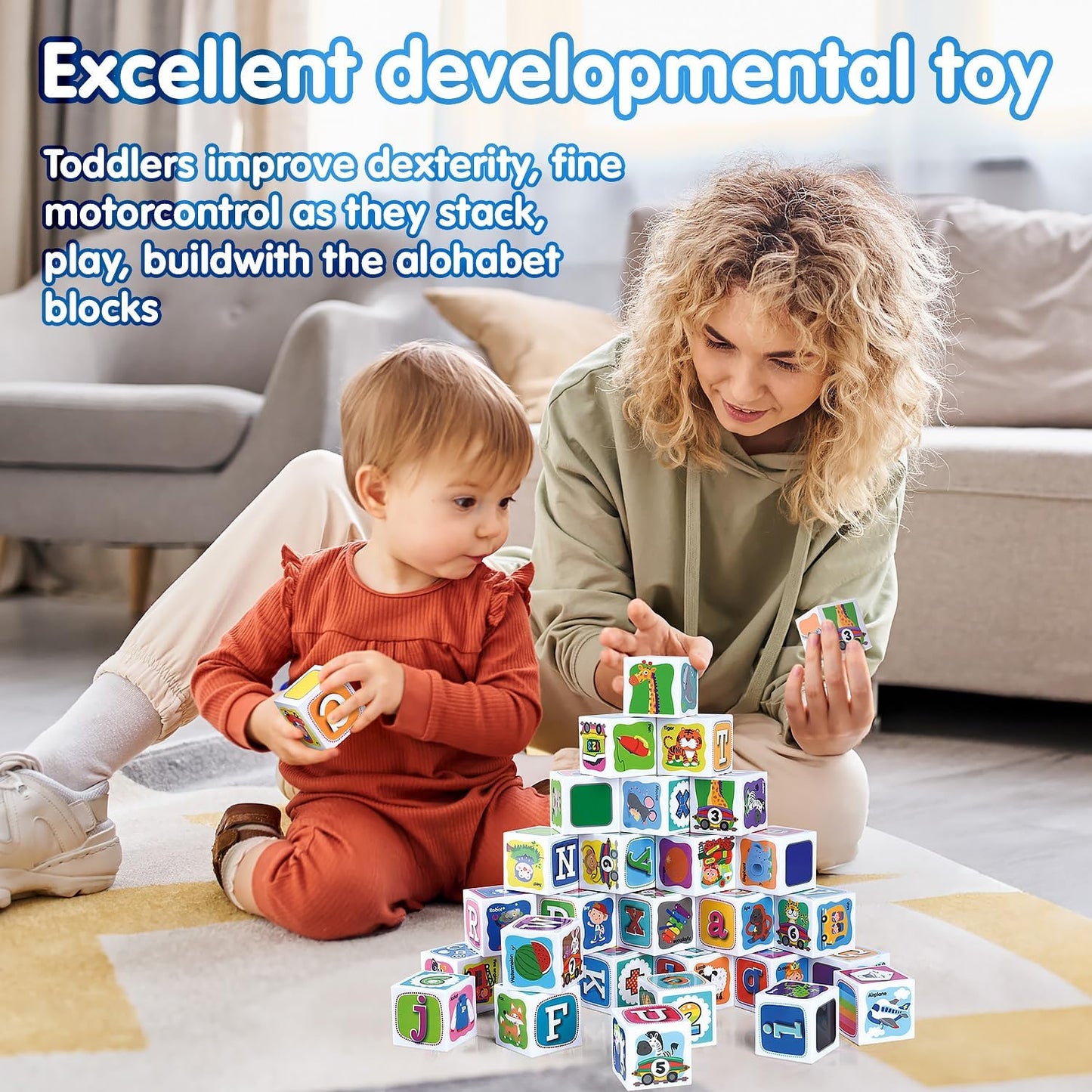 PLAY ABC Building Blocks for Toddlers 1-3, 28 PCS Plastic Baby Alphabet Letters Number Stacking Blocks Set, Preschool Learning Educational Montessori
