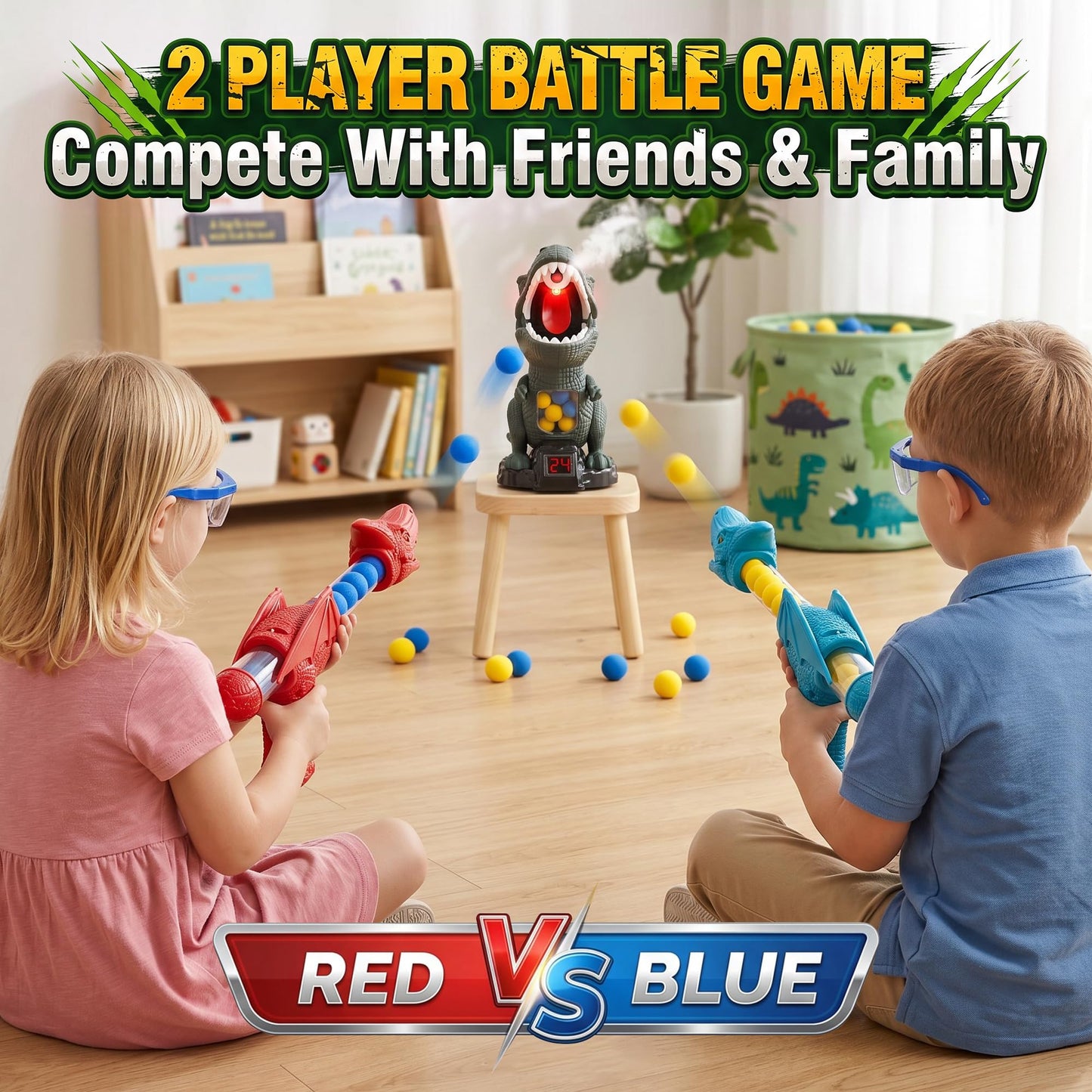 Dinosaur Shooting Toys for Kids 3-5 5-7, Moving T-Rex Target Shooting Game with 2 Air Pump Launchers, 48 Foam Balls, Interactive Competition Game