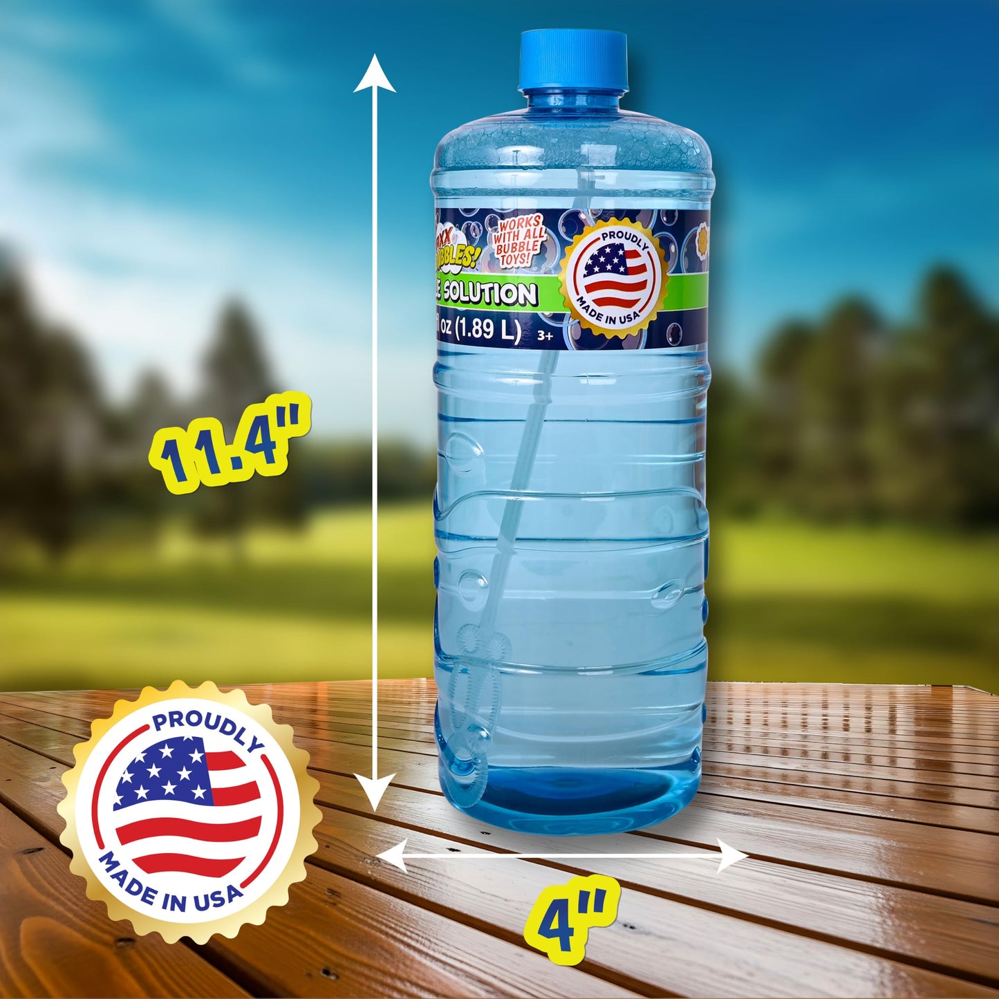 Made in USA Bubble Solution Refill with Wand 64oz Non Toxic Dye Free (1/2 Gallon), Kids Easy Grip Bottle Refill for Bubble Machine, Bubble Wands