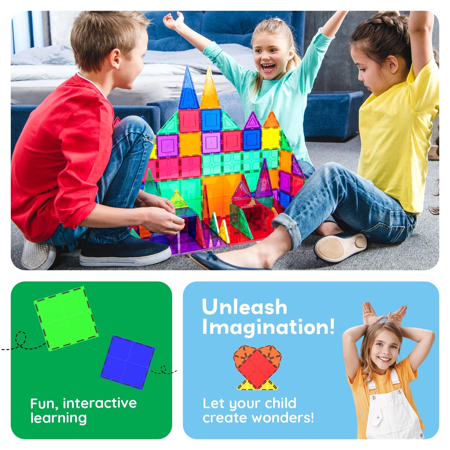 PicassoTiles 4pcs Magnetic Building Block Large Square Shape Magnet Tiles Construction Toy STEM Learning Kit Educational Playset Playboard Pretend