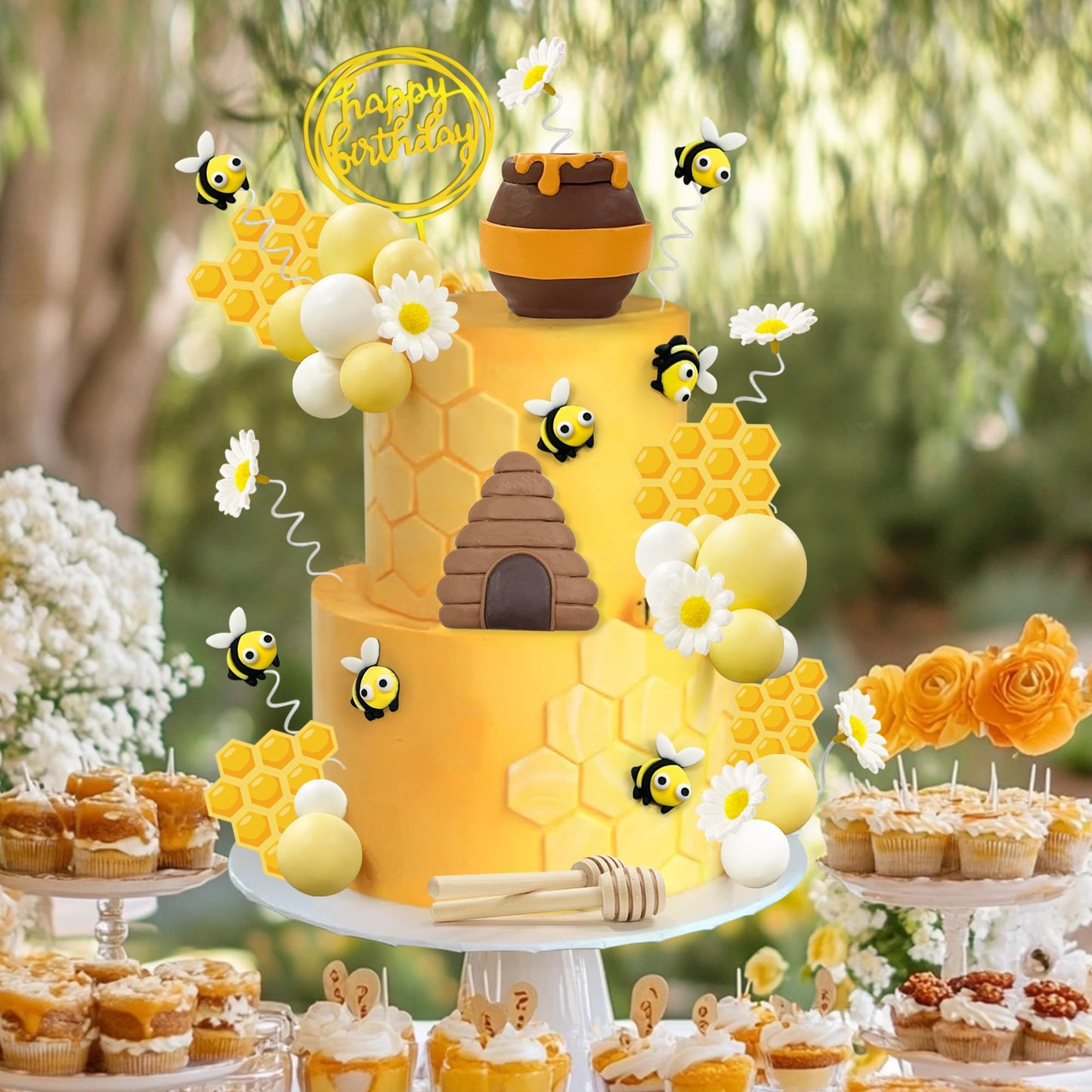 35 PCS Bee Cake Toppers Honey Jar Cake Topper Honeycomb Cake Decorations for Baby Shower Bee Theme Birthday Party Decoration Supplies