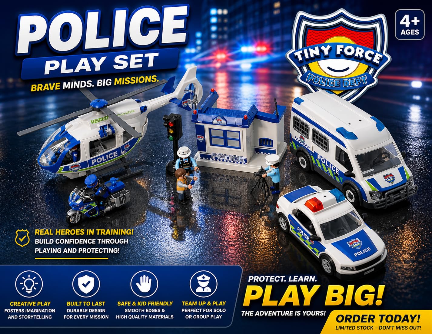 Tiny Force Toy Police Set - Police Car Play Set for Toddler Boys, Kids Toys for Imaginative Play, Safe Police Toys & Gifts