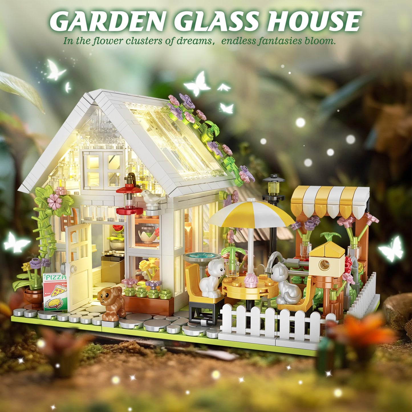 Flower House Building Block for Adults, Garden Architecture Building Toy with LED, Greenhouse Model Building Set, Garden Glass House Building Kit