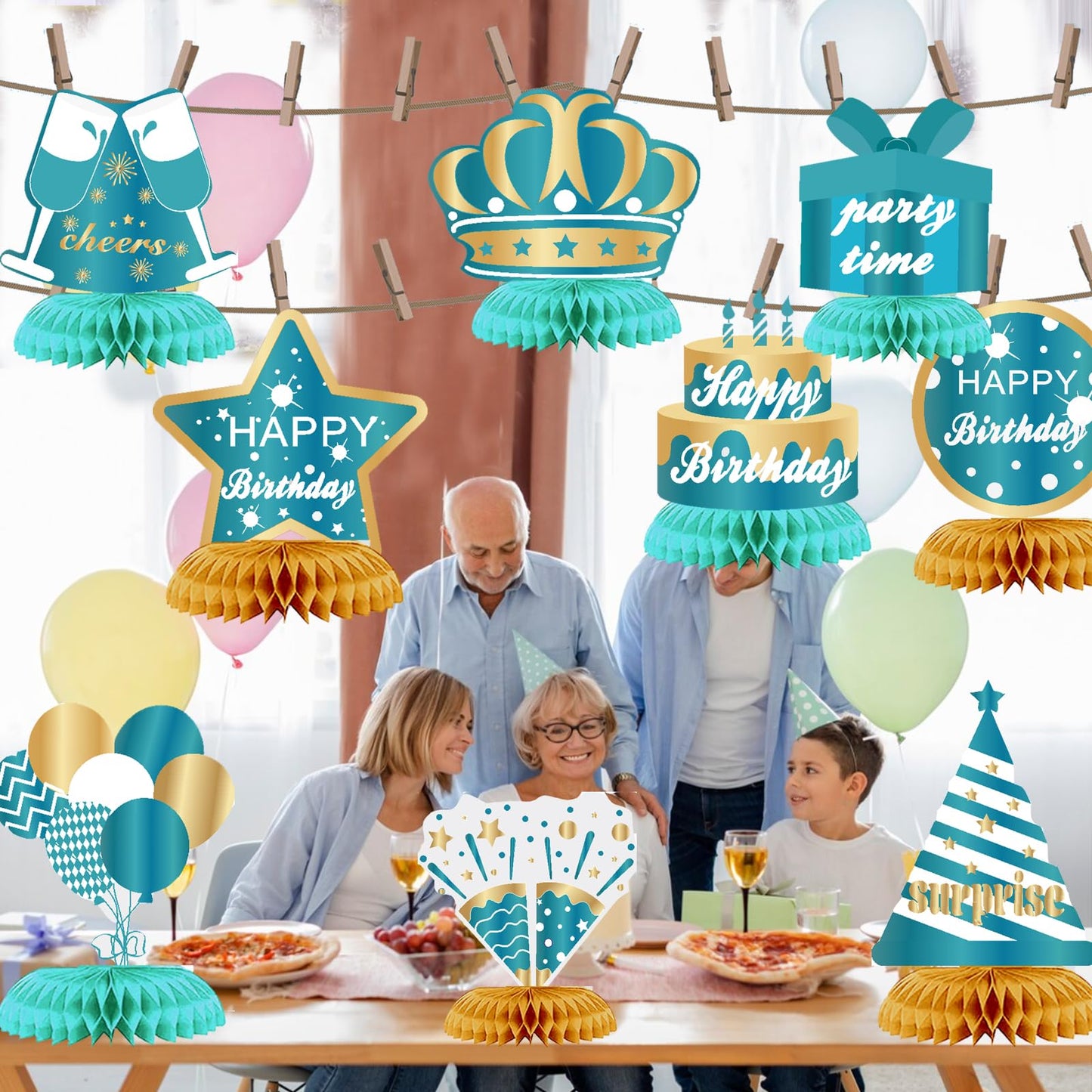 9PCS Lake Blue Gold Happy Birthday Decorations Honeycomb Centerpieces Happy Birthday Table Centerpieces Party Supplies 15th 16th 18th 21st 30th 40th