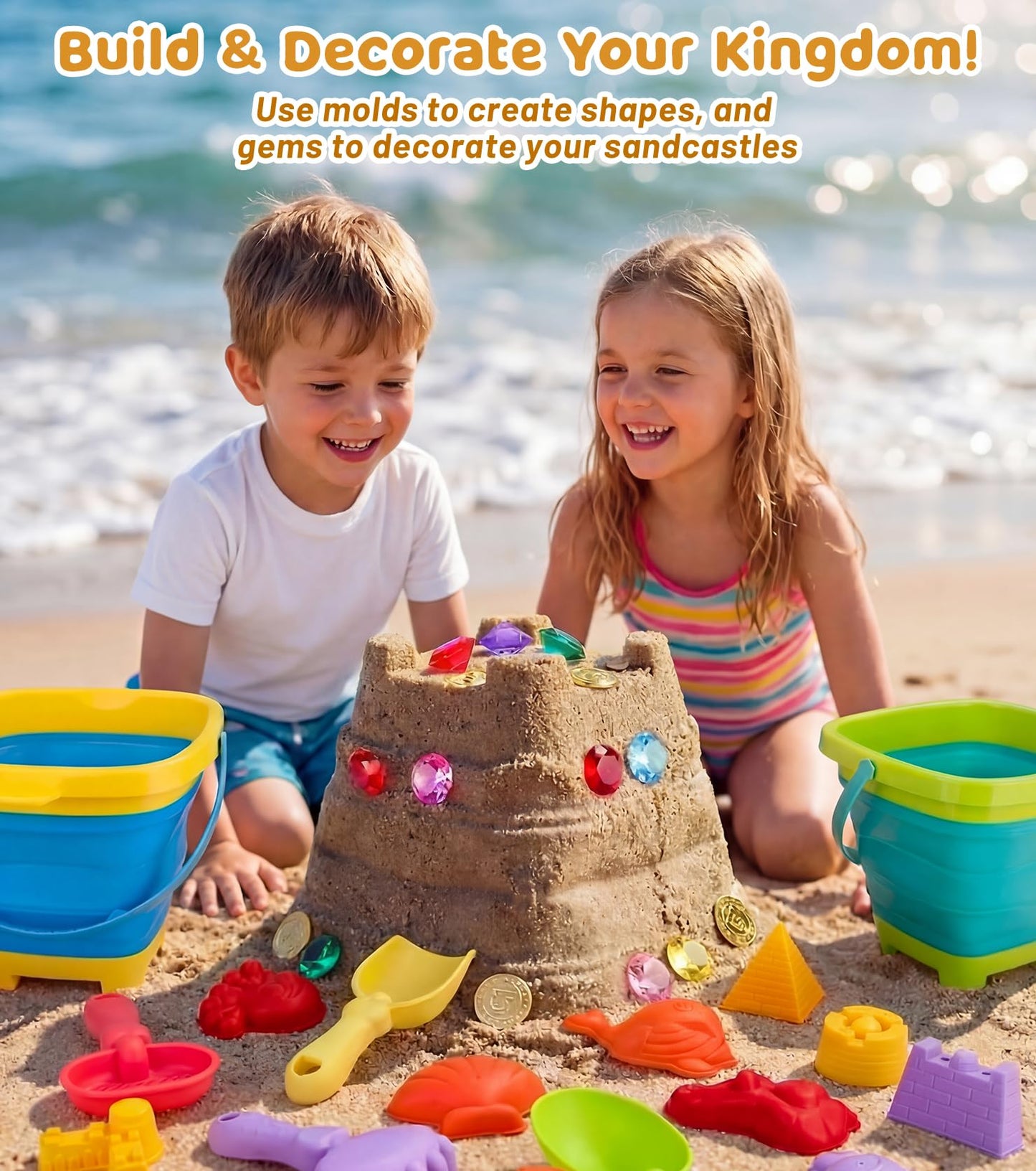Eicaus 46 PCS Beach Sand Toys for Kids Toddlers, Collapsible Sand Buckets & Mesh Bag Set with Heavy Duty Metal Sifters, Treasure Hunt Gems, Castle