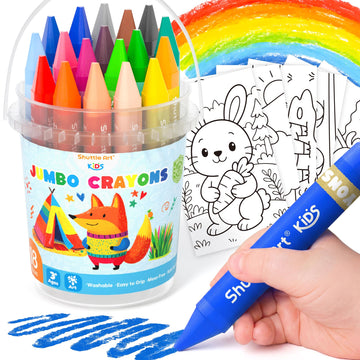 Shuttle Art Jumbo Crayons for Toddlers, 18 Colors Triangle Crayons with Coloring Sheets & PDF Pages, Non Toxic Washable for kids, Coloring Gifts