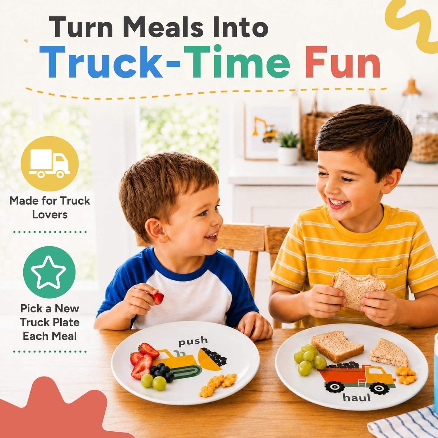 Tiny Expressions - Construction Plates for Toddlers - Set of 4 Melamine Plates for Kids - Excavator, Cement Mixer, Bulldozer, and Dump Truck - Fun