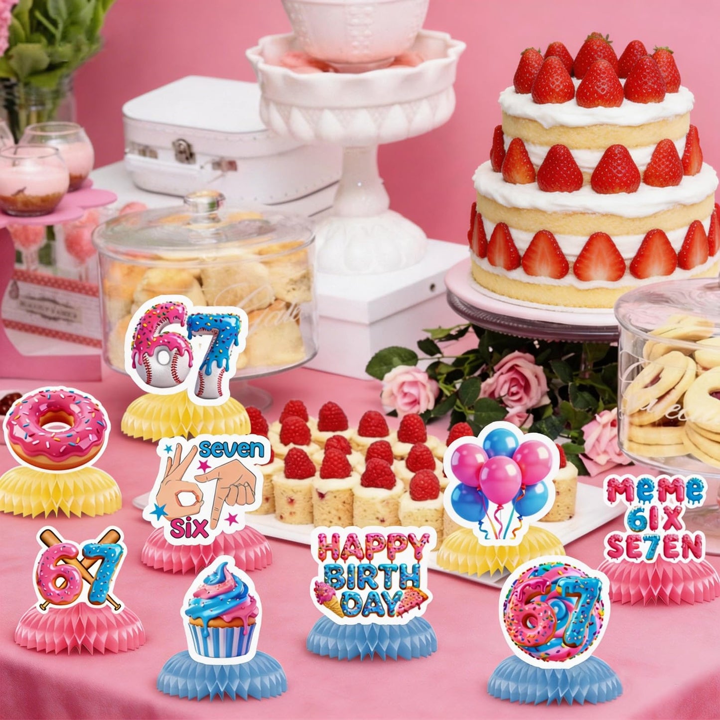 6 7 Birthday Decorations Donut Ice Cream Theme Six Seven Honeycomb Centerpieces Funny 67 Meme Party Table Decor for Kids Teens Adults Meme Lovers
