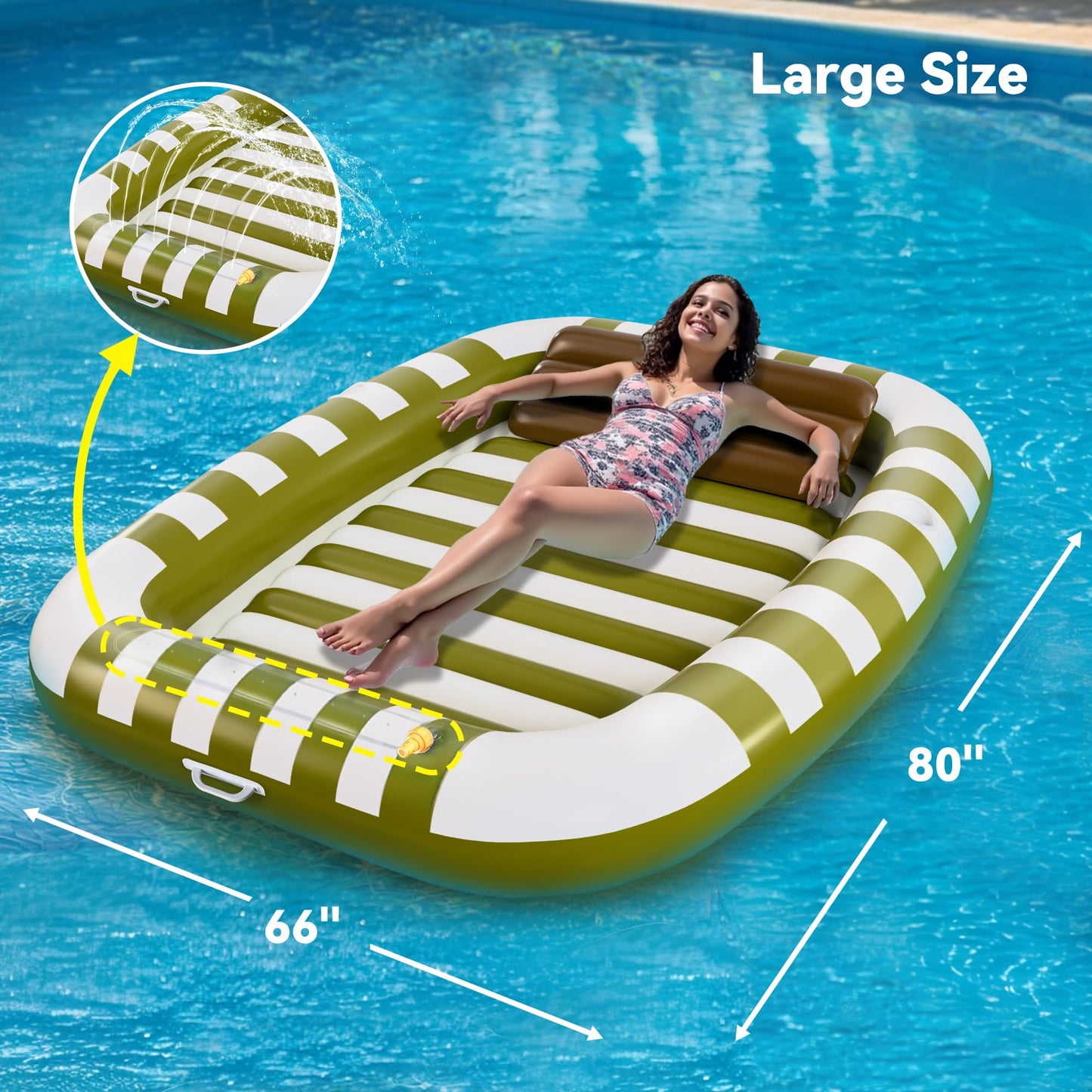 Pool Wave Inflatable Pool Lounger Floats, 80" x 66" Large Tanning Bed for Adult Kids, Outdoor Sun Bathing Floating Blow up Raft W/Pillow, Spray Water