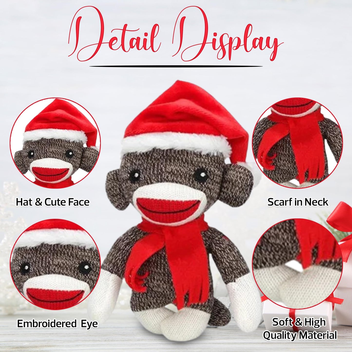 Plushland Sockiez Christmas Sock Monkey 6 Inches, with Santa Hat - Stuffed Animals Toy, Best Xmas Gift for Kids, Girls, Boys On This Holiday