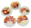 Mixed 5 Assorted Breakfast Dollhouse Miniature Food Set (1/6 Scale) - Sausage, Salmon Steak, Bacon, Burger & Fried Egg on Ceramic Plates, Handmade
