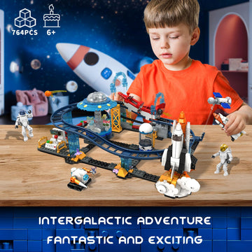 mesproud 2 in 1 Space Roller Coaster Building Set, UFO Satellite Capsule Buildable Coaster Toy, Creative STEM Construction Kit, Gift for Boys Girls