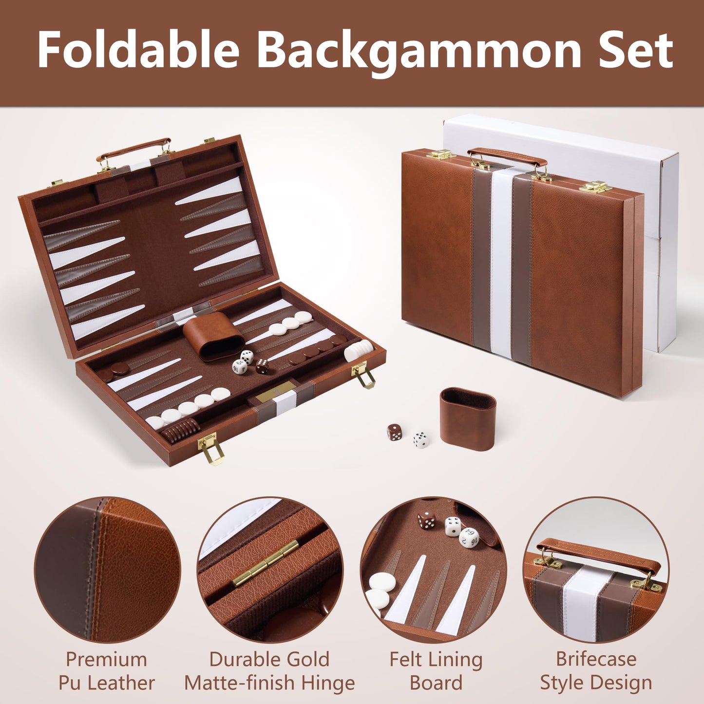 Backgammon Sets for Adults - 15 inch Classic Board Games with Premium Leather Case - Travel Backgammon Strategy Game Set for 2 Players - Portable