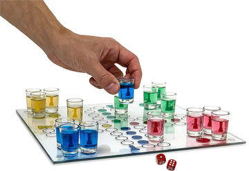 Ludo Drinking Game (Parcheesi) with 16 Shot Glasses, 2 Dice & Glass Game Board