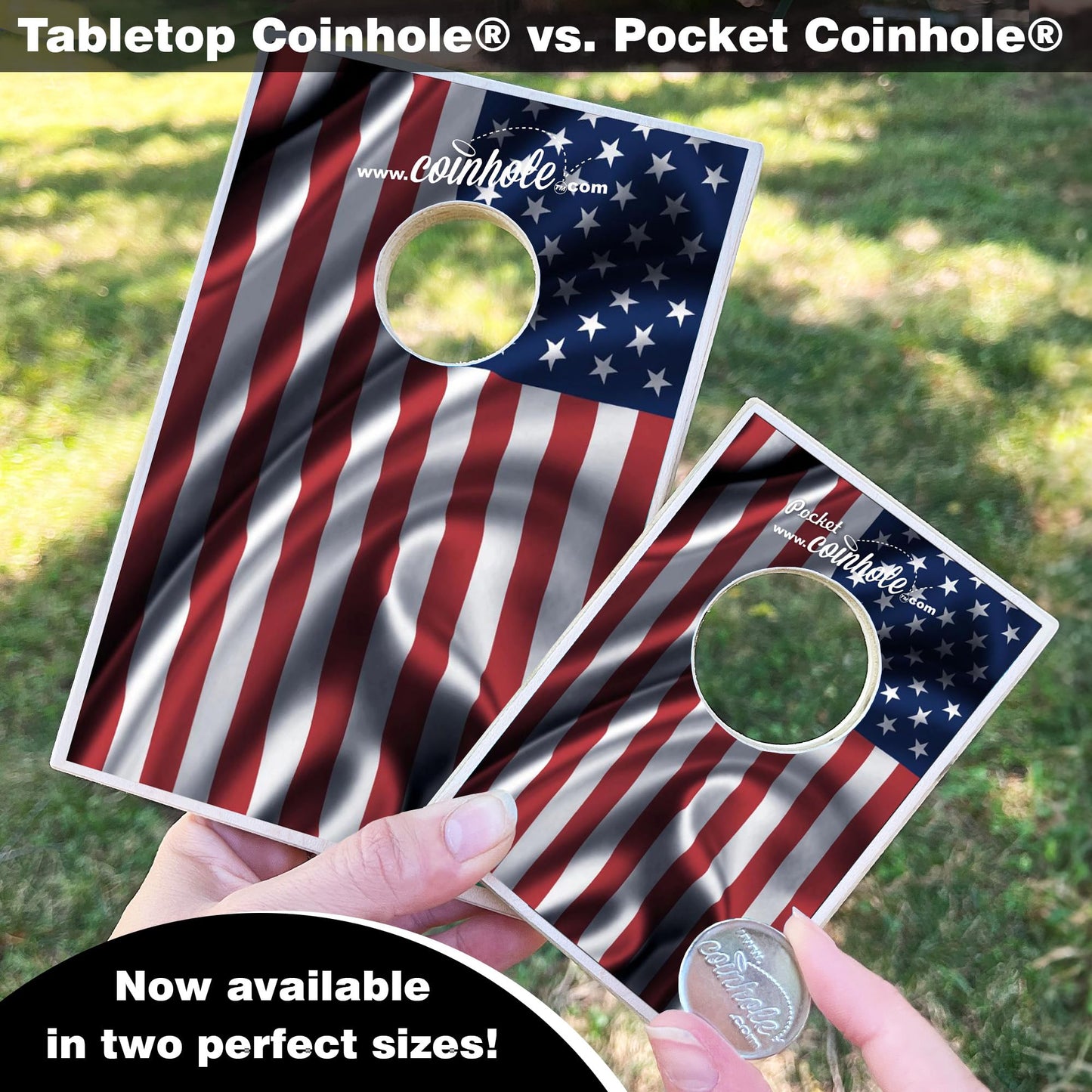 Coinhole Desktop Coin Bouncing Party Game Set | Tabletop Cornhole Board Game | Small Cornhole Travel Game Includes Coins (Pocket Size American Flag)
