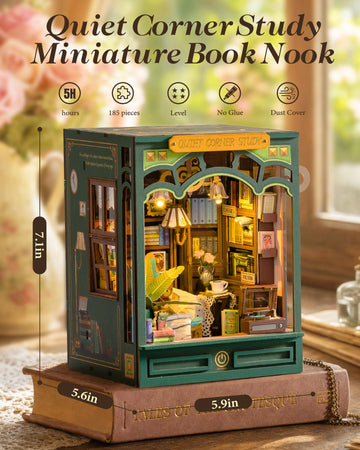 ROBOTIME DIY Miniature House Kit-Quiet Corner Study, Book Nook Kit for Adults, Vintage Bookstore Library with LED Bookshelf Insert Decor, Creative