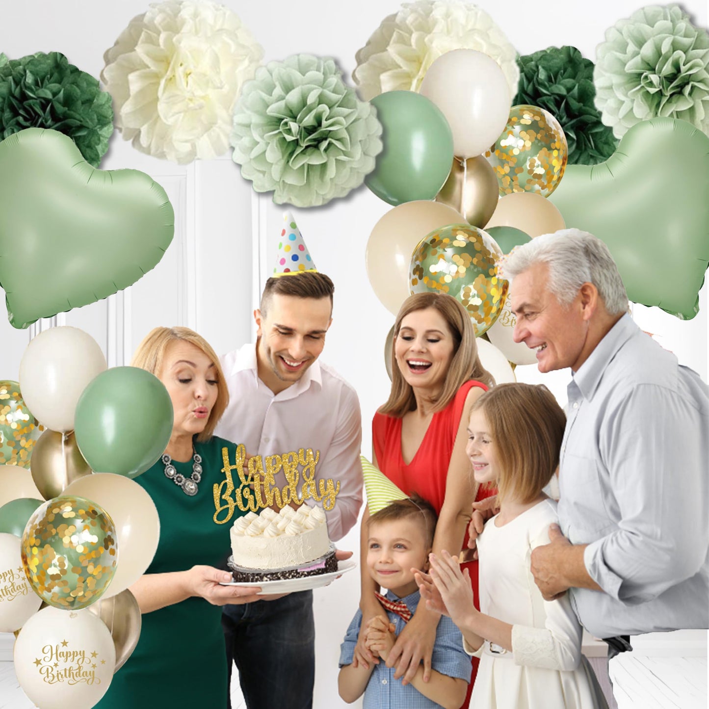 Happy Birthday Decorations For Women Men,Birthday Backdrop,Banner Balloons,Table Cloth,Paper pom poms Party Supplies for Girls Boys (Sage Green)