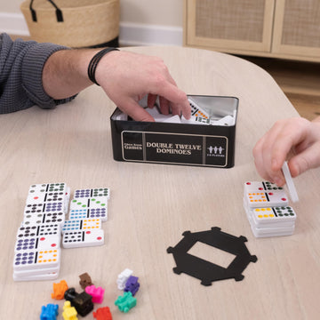 Elbow Room Games Double Twelve Dominoes Set with 91 Dominoes, 10 Trains, Starter Piece, Storage Tin - Perfect for Mexican Train, Block, and Draw -