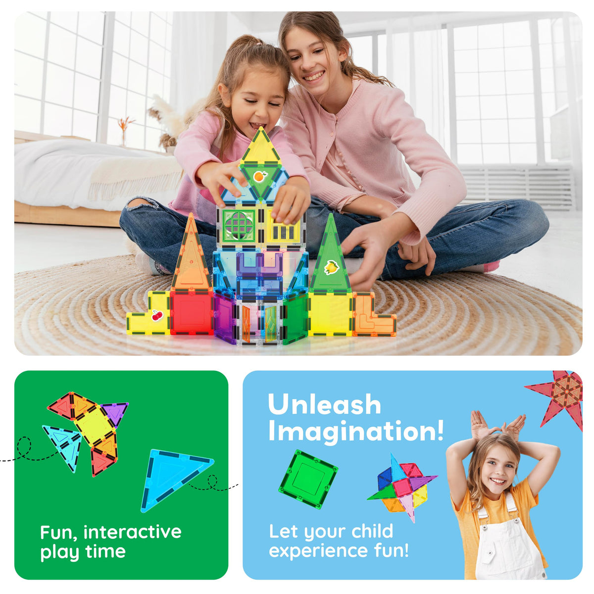 PicassoTiles 240pc Magnetic Tiles Building Set with Storage Bag Themed Stickers and Car Base Magnet Tile STEM Sensory Fun Creative Learning Classroom