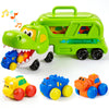 JOYIN Dinosaur Toys for Kids 18M+, Dinosaur Carrier Truck with 3 Rubber Car Vehicles Internal Slide Rails, Todder Toys with Music & Lights Birthday