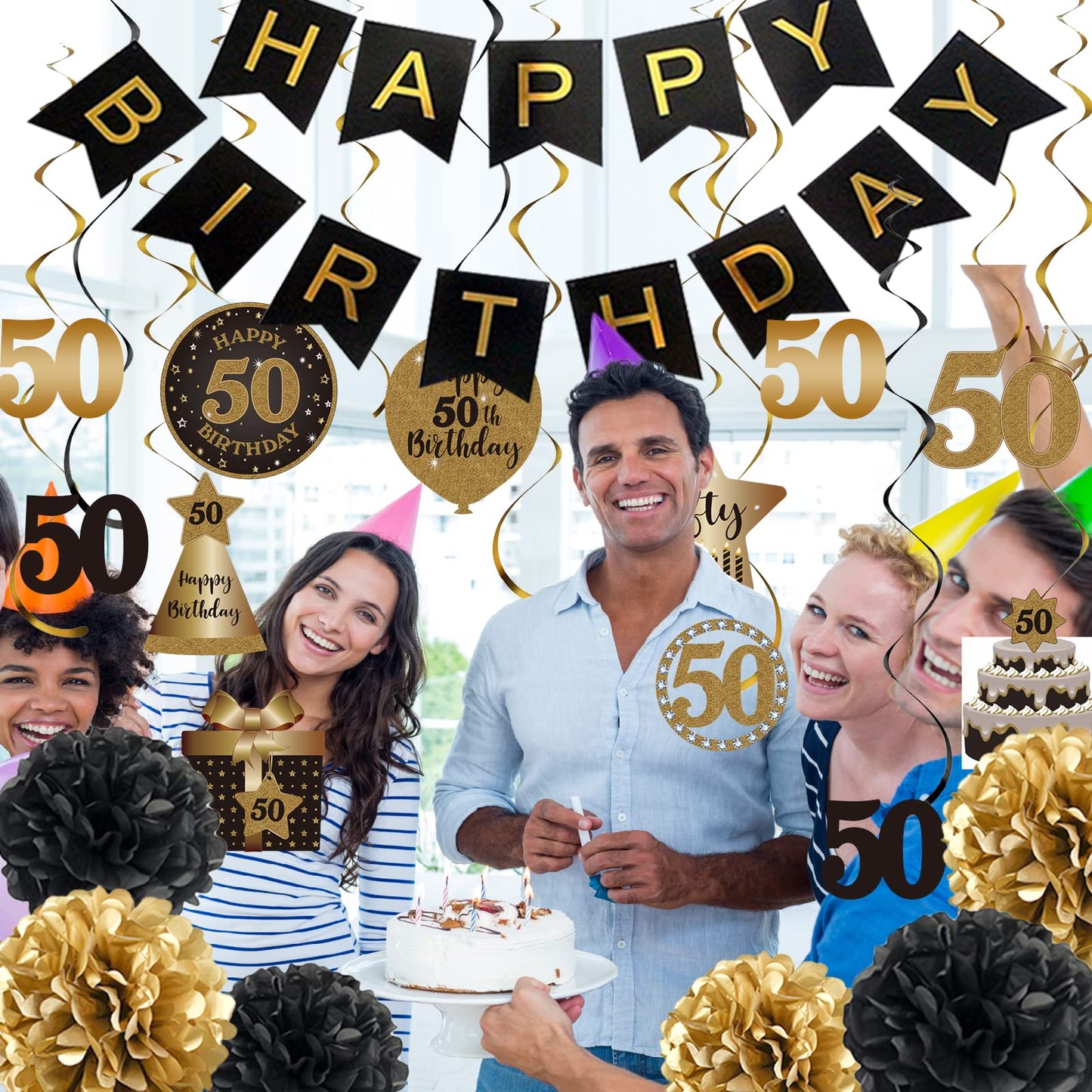 BRT Bearingshui Happy 50th Birthday Hanging Swirls Streamers Decoration Set, Happy Birthday Banner with Tissue Pompoms, Black and Gold 50 Years Old