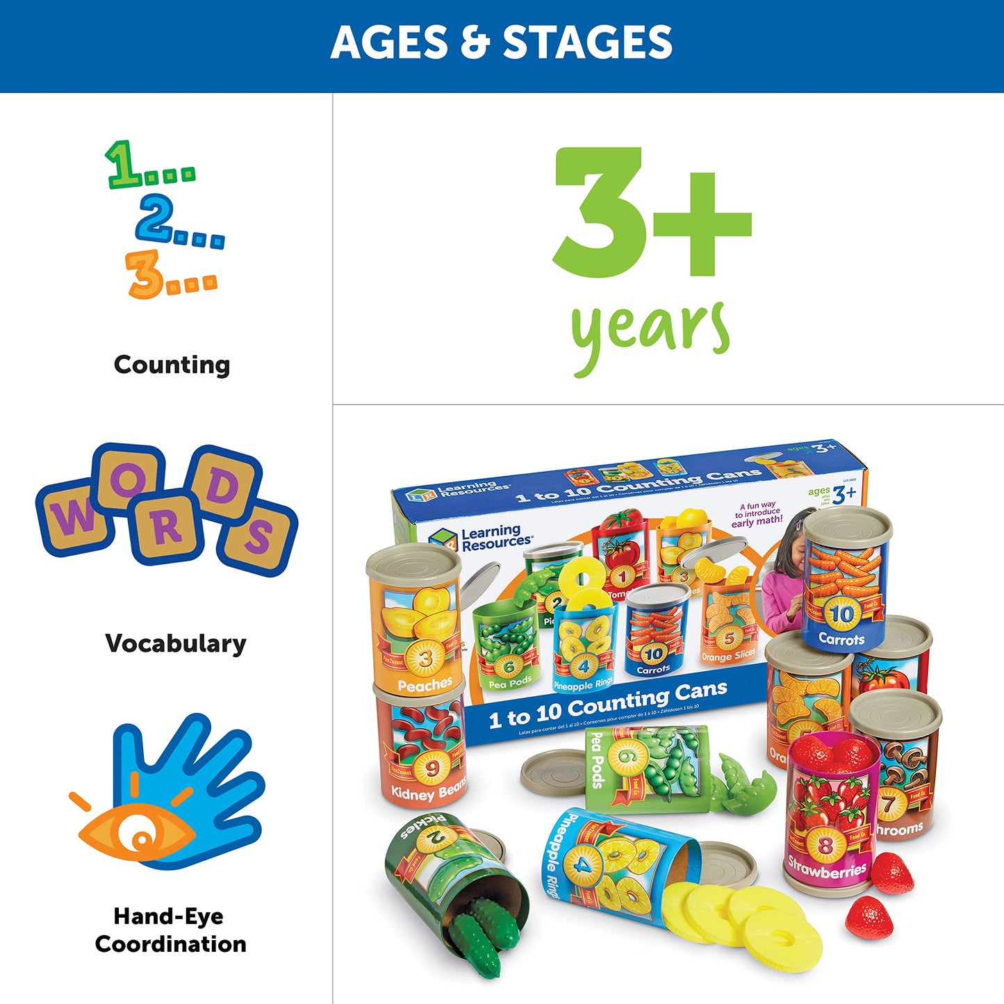 Learning Resources One to Ten Counting Cans - 65 Pieces, Ages 3+, Toddler Activities, Preschool Pretend Play, Supermarket Food Toys