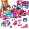 Dollhouse Camping RV Playset for Girls - Kids Camper Van Toy with Slide, Pool, Tent, BBQ Grill & Doll Accessories - Pretend Play Outdoor Adventure Toy