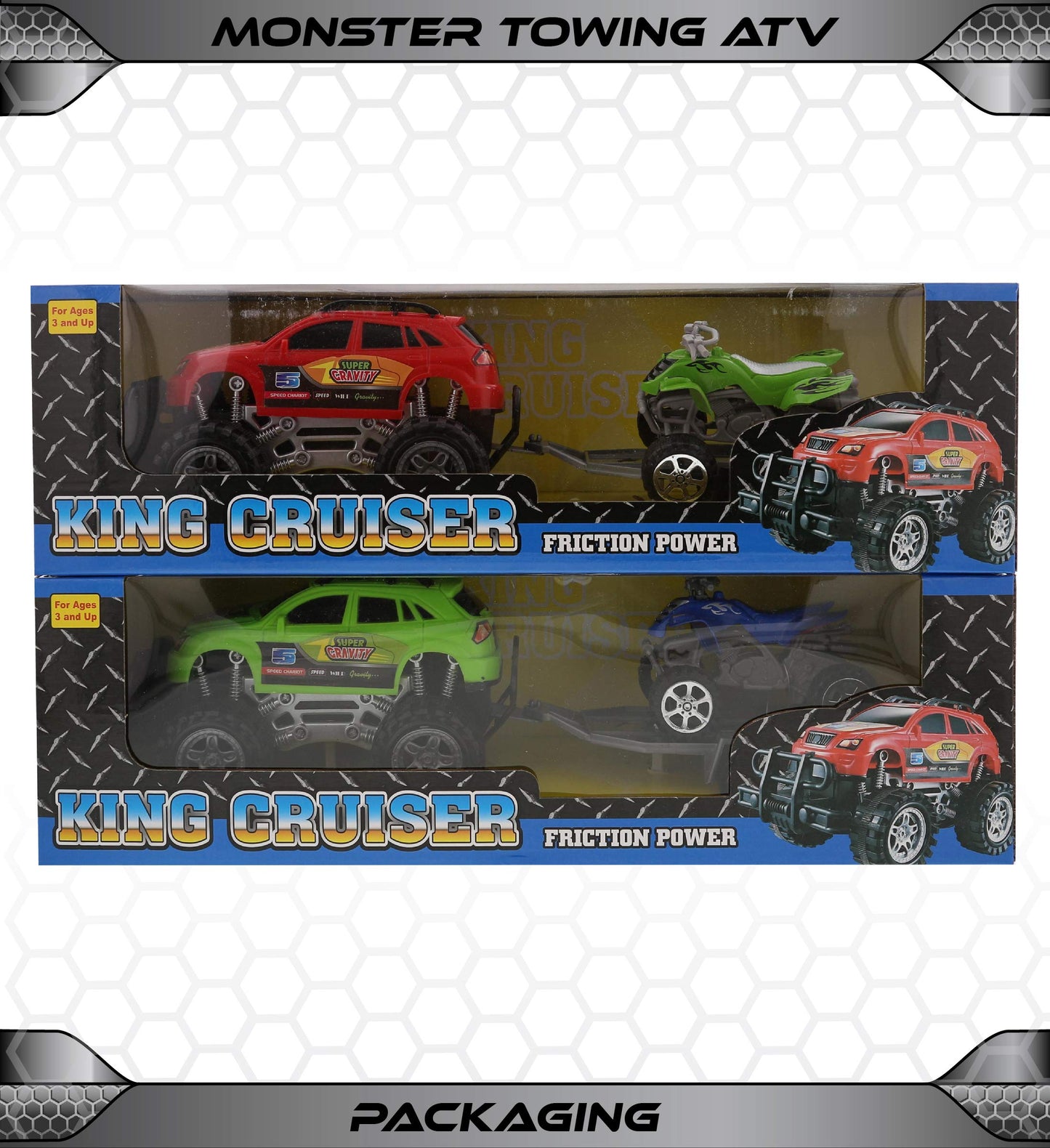 Mozlly Friction Powered Monster Trucks with SUV Towing ATV Trailers - 2 Sets of Monster Truck Toys with Removable Hook Up ATV Towing Trailers Toy