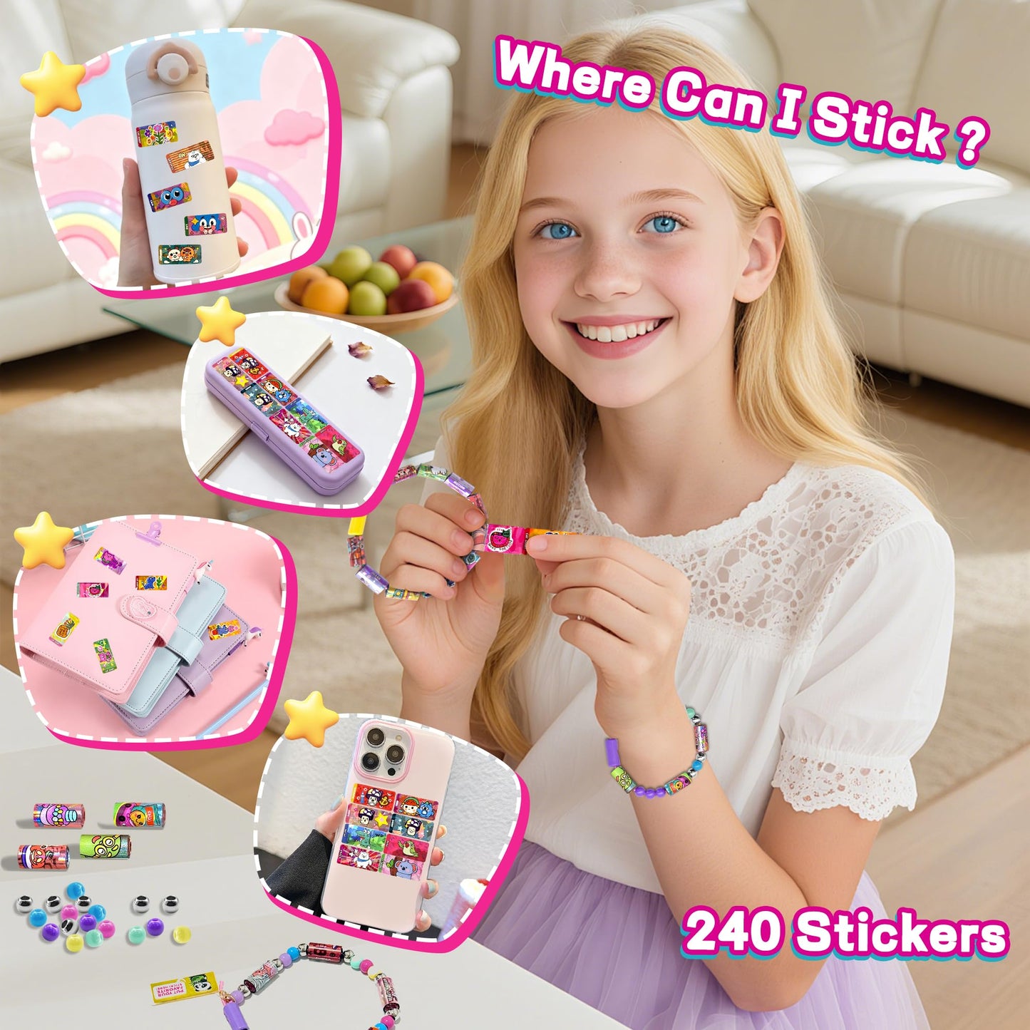 xouyhzy Creative Sticky Rolls Bracelet Kit-24 Surprise Sticker Rolls(240 Reusable Holographic Stickers)+1 Sticker Book+2 Necklaces,1 Bracelet&150