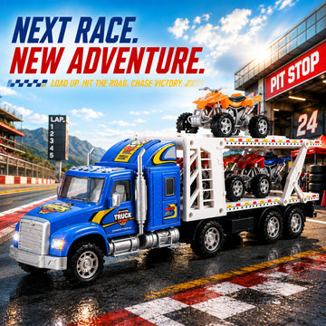 Liberty Imports Auto Hauler Big Rig Toy Semi Truck Car Carrier Transporter Trailer 1:48 Scale Friction Powered Wheeler Vehicle with 4 ATVs Dirt Bike
