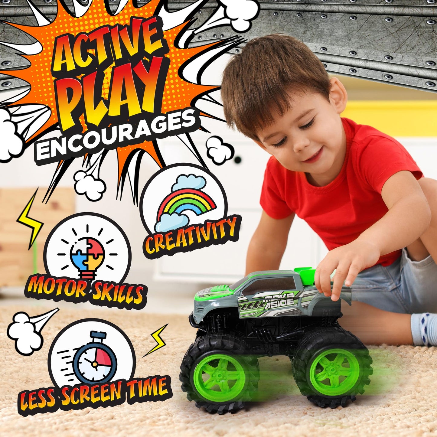 Team Power Exploding Monster Truck Toy with Explosive Crash Sounds and Lights, Smash It Up Again and Again, 8.7” Monster Truck Toys for Boys Kids Ages