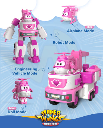 Super Wings - 7' Dizzy's Rescue Tow with 2' Pink Transform-a-Bot Mini Figure,Transforming Airplane Toy Vehicle Set,Toy for 3 4 5 Year Old Boys