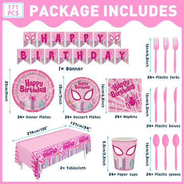 Pnuocax 171pcs Pink Spider Birthday Party Plates Napkins Paper Super Girl Cups Banner Disposable Tablecloth Tableware Set Good for Birthday Party