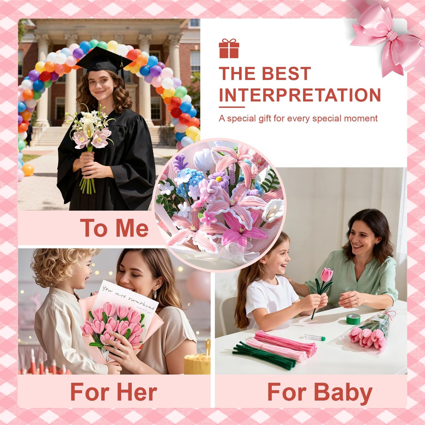 650PCS Pipe Cleaners Bulk, 7 Colors Pastel Pink Chenille Stems DIY Flower Kit with Floral Wires, Tape, Stamens, Wrapping Paper for Handmade Bouquet