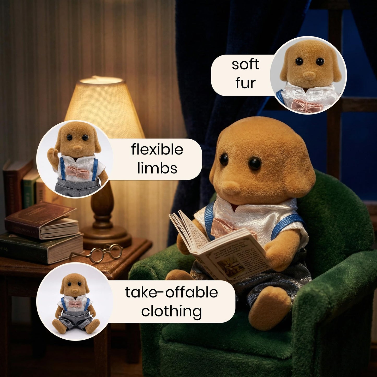 OLEOCA Family Brown Dog Figures - Set of 2 Collectible Flocked Mini Dolls with Removable Clothes, Dollhouse Pretend Play Set for Kids Ages 3+