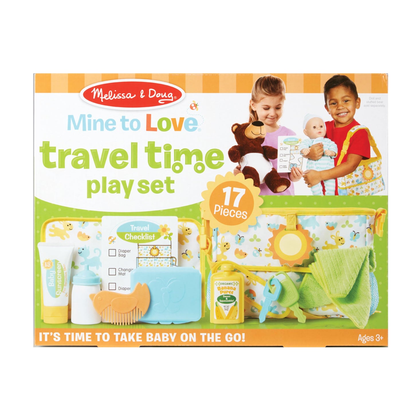 Melissa & Doug Mine to Love Travel Time Play Set for Dolls with Diaper Bag, Bottle, Sunscreen, More (17 pcs) - Baby Doll Accessories, Baby Doll Sets